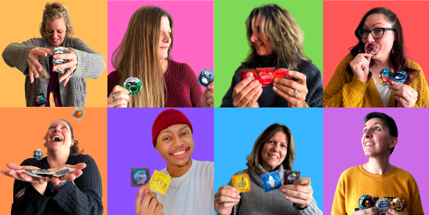 Fun block color graphic with images of PRC staff holding condoms