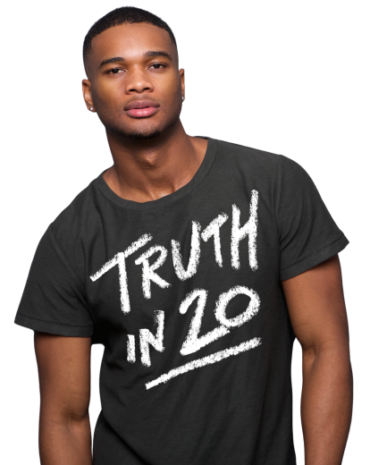 Young black man wearing Truth in 20 t-shirt