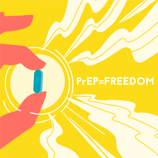 Illustrated graphic showing a hand holding one blue pill capsule with the tagline PrEP = Freedom