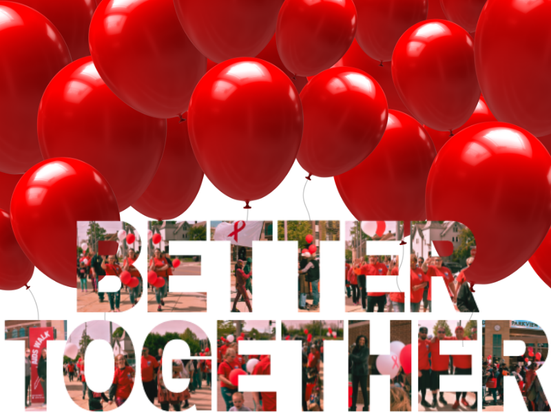 Better Together text with red balloons behind
