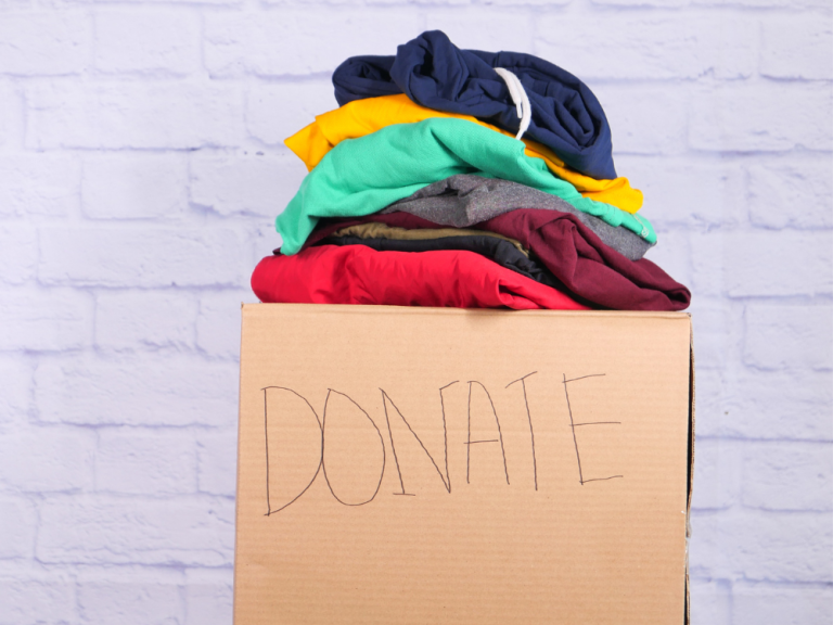a box of donated clothing