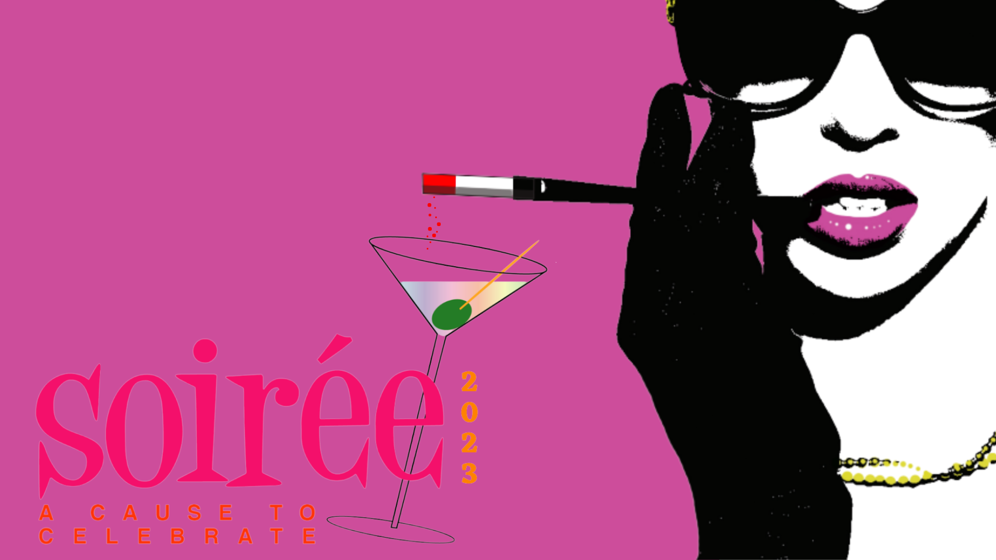Soiree logo and with rainbow martini glass and classy woman in black smoking