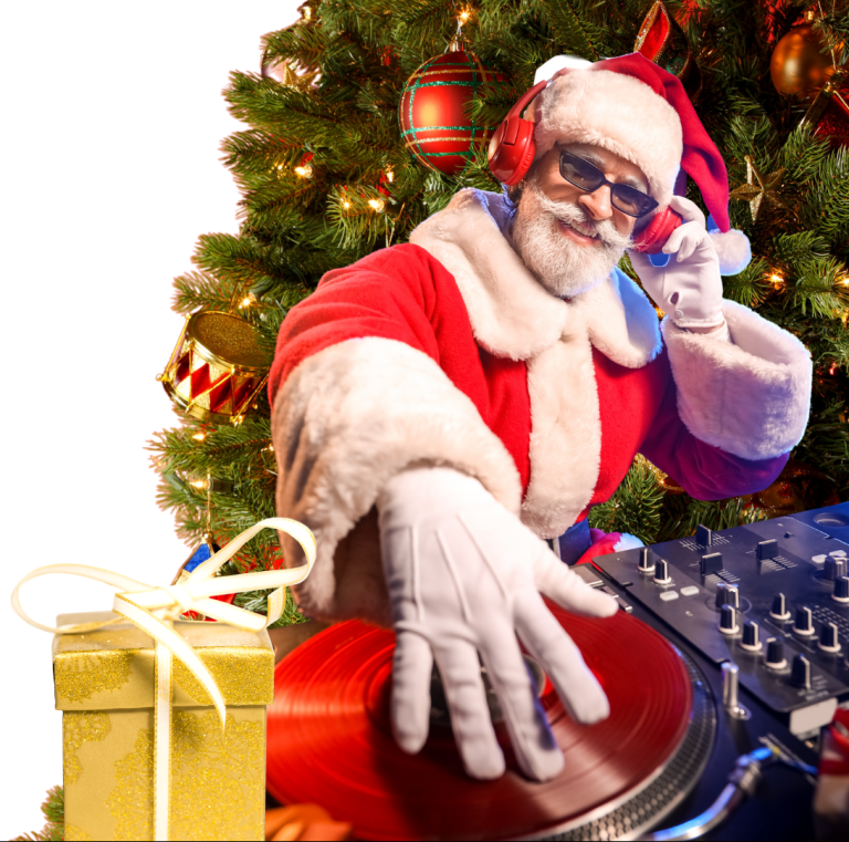 Santa DJ-ing in front of Christmas tree