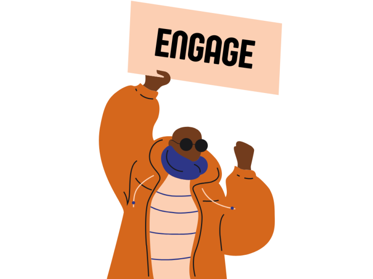 Animated protester holding sign saying "Engage"