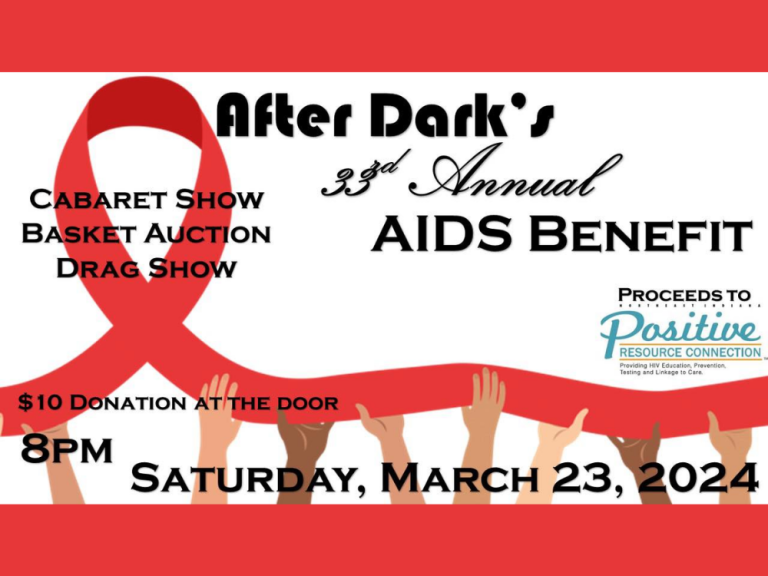 Hands holding large AIDS ribbon with After Dark AIDS Benefit event info written in text